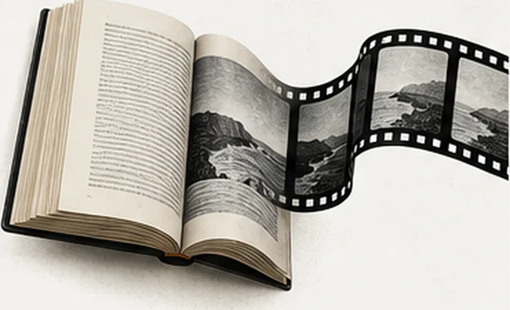 An open book whose pages turn into a strip of film.