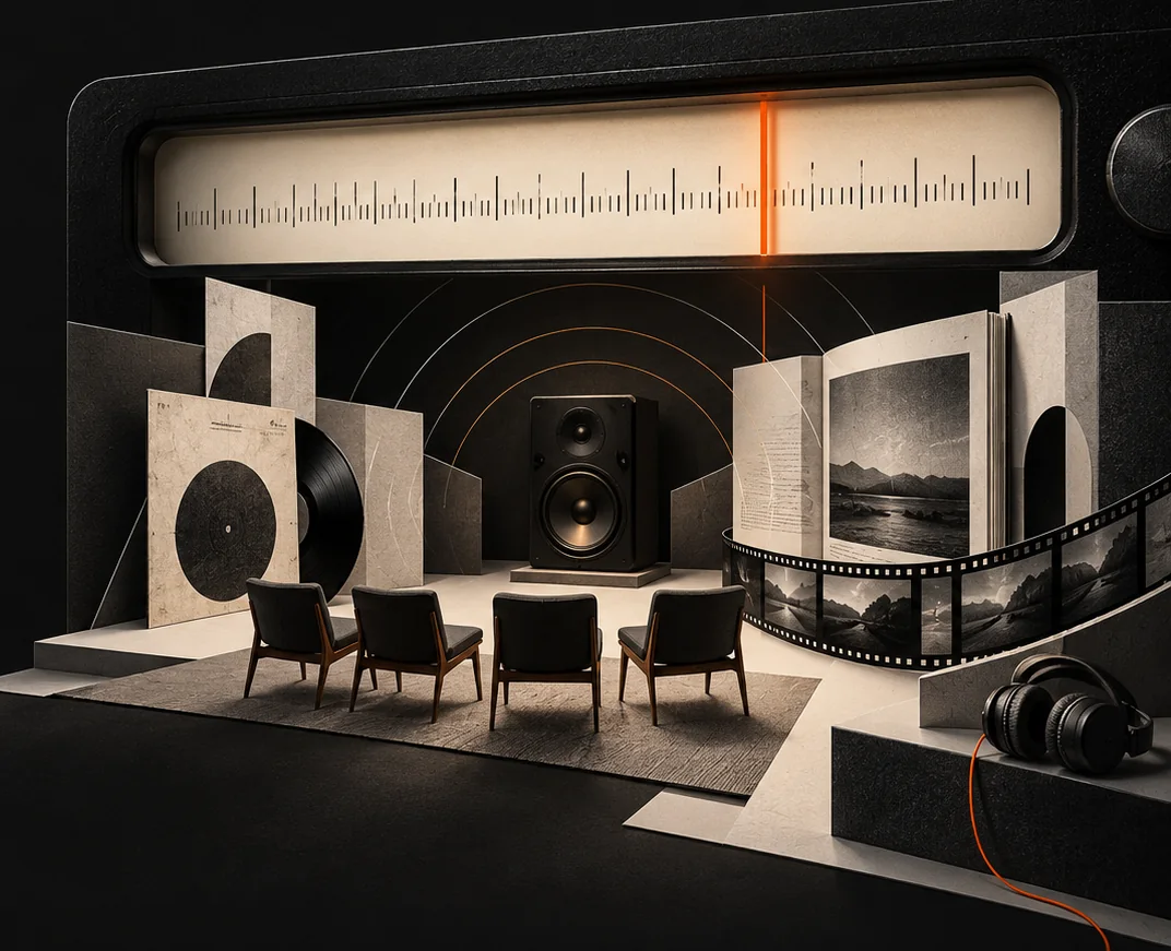 A radio's dial window opens onto a small stage: four empty chairs face a speaker, between a record, an open book becoming a strip of film, and a pair of headphones set aside.