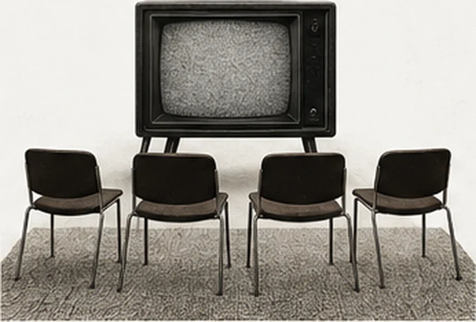 Four chairs facing a single old television set.