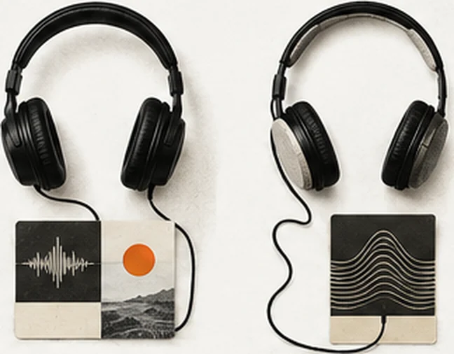 Two pairs of headphones, each plugged into its own separate player.