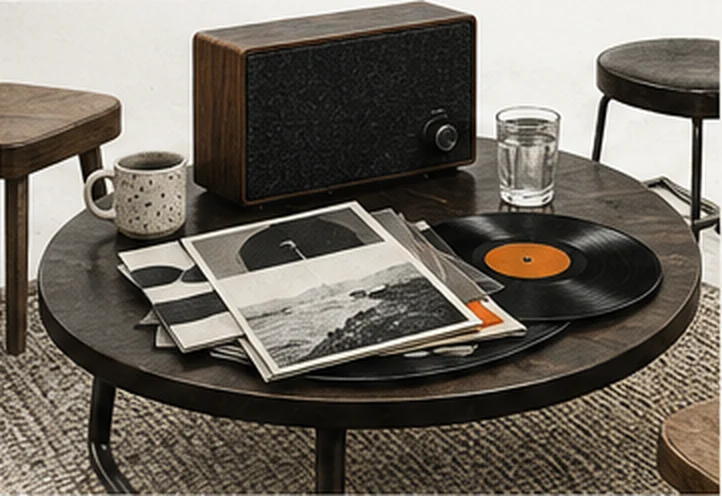 A table with records, photographs and a speaker, set for people listening together.