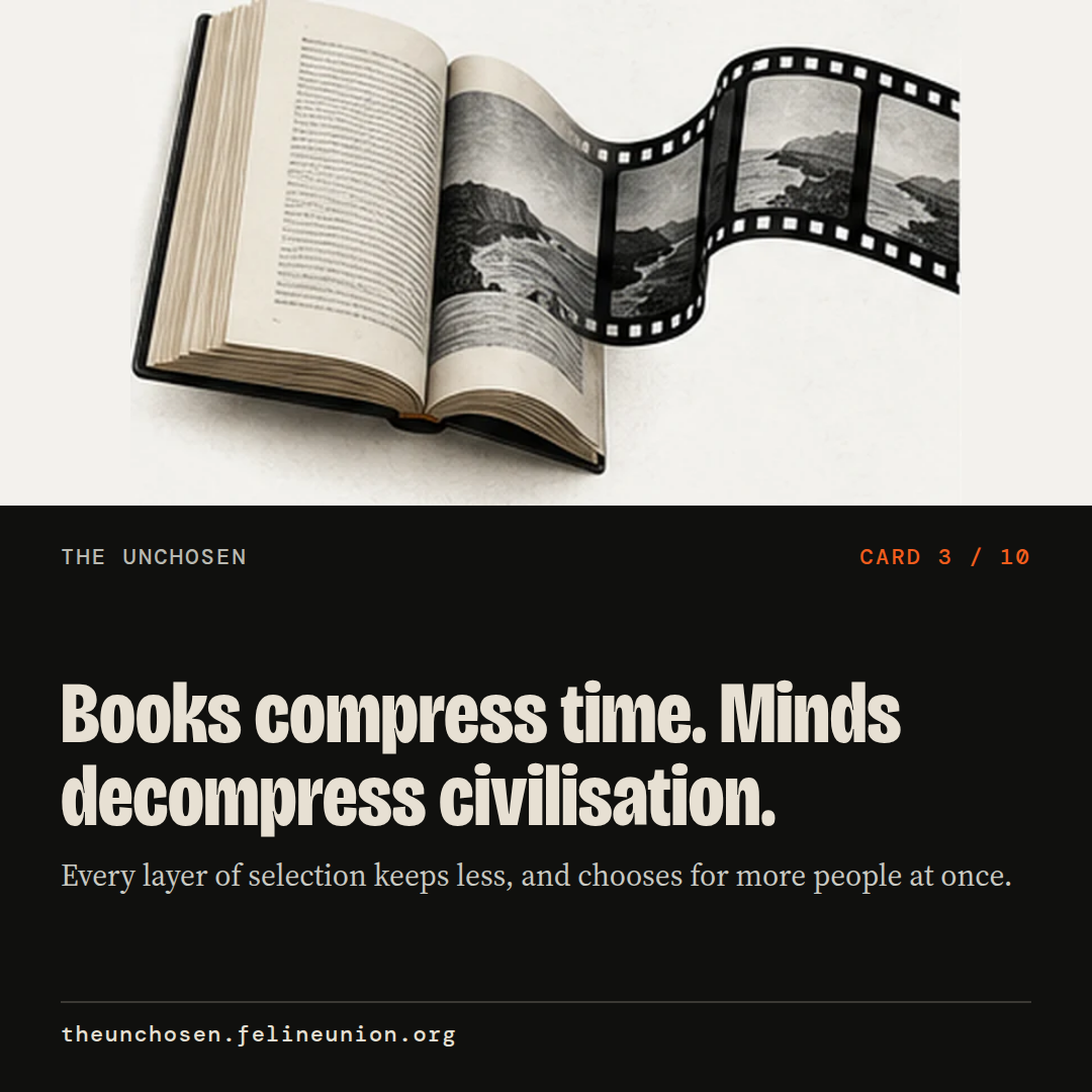 Books compress time. Minds decompress civilisation. Every layer of selection keeps less, and chooses for more people at once.