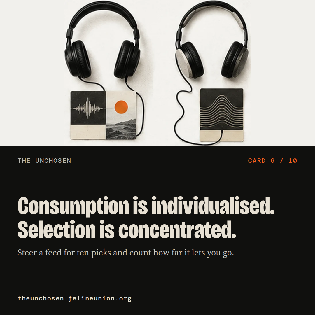 Consumption is individualised. Selection is concentrated. Steer a feed for ten picks and count how far it lets you go.