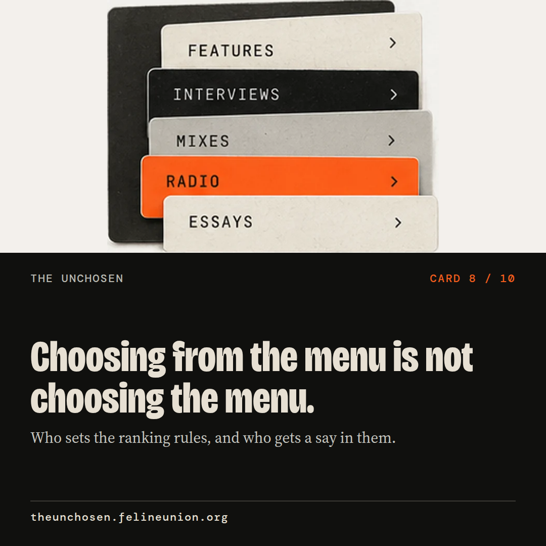 Choosing from the menu is not choosing the menu. Who sets the ranking rules, and who gets a say in them.